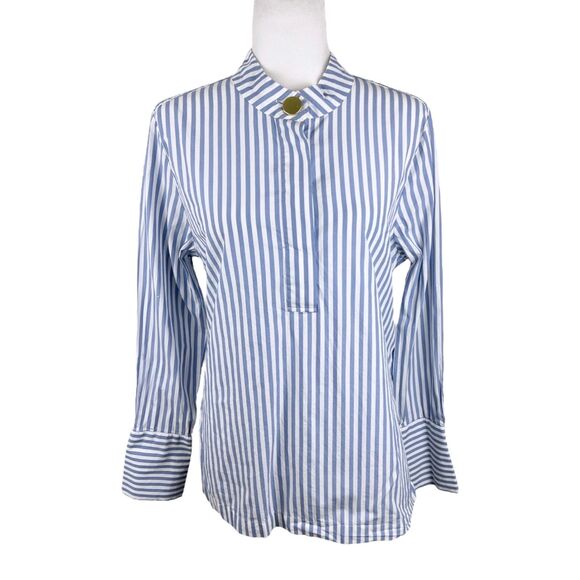 H&M Blouse Women 14 Blue White Vertical Striped Henley Long Sleeve Casual Top - Picture 1 of 14